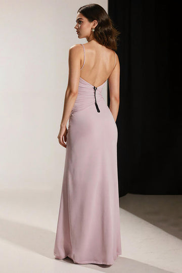 Simple Light Pink Sheath V Neck Long Evening Dress